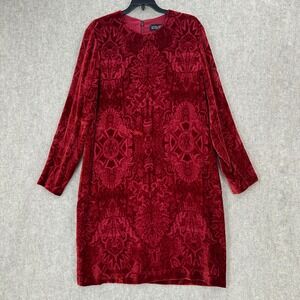 Lins Allard Red Velvet Burnout Damask Silk Long Sleeve Dress Size 16 Stretchy